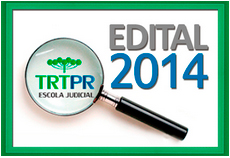 A imagem mostra a logo do Edital de Pesquisas de 2014. A ilustração trás uma lupa sobre a logomarca da Escola Judicial do TRT-PR.