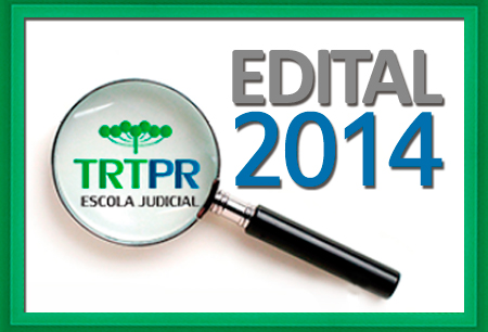 A imagem mostra a logo do Edital de Pesquisas de 2014. A ilustração trás uma lupa sobre a logomarca da Escola Judicial do TRT-PR.