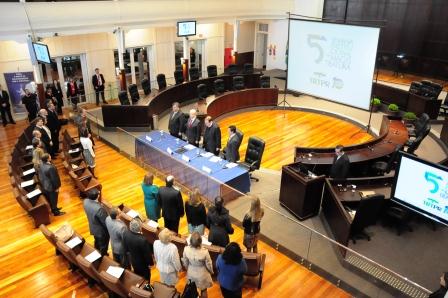 Magistrados participam da abertura da 5ª Semana Institucional da Magistratura do TRT-PR, que teve conferência do juiz federal Sérgio Fernando Moro