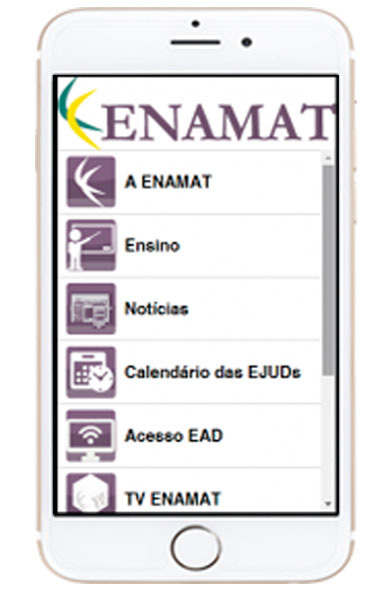 Imagem de aparelho celular com o aplicativo ENAMAT na tela
