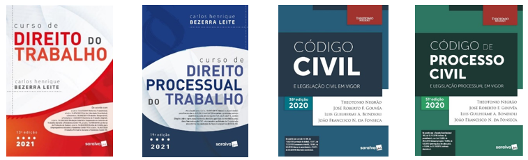 Imagem com as capas dos livros mencionados no texto acima dispostas em linha horizontal. Da esquerda para a direita: livros “Curso de Direito do Trabalho” e “Curso de Direito Processual do Trabalho”, do autor Carlos Henrique Bezerra Leite e livros “Código Civil e Legislação Civil em vigor” e “Código de Processo Civil e Legislação Processual em vigor”, do autor Theotonio Negrão.