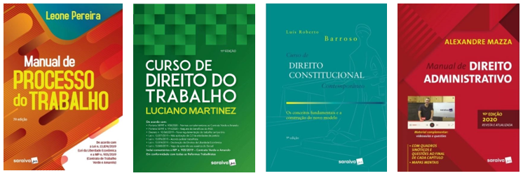 Imagem com as capas dos livros mencionados no texto acima dispostas em linha horizontal. Da esquerda para a direita: livros "Manual de processo do trabalho"; "Curso de direito do trabalho"; "Curso de direito constitucional contemporâneo" e "Manual de direito administrativo".