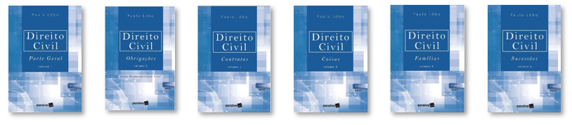 Imagem com as capas dos livros mencionados no texto acima dispostas em linha horizontal. Da esquerda para a direita: livros "Parte Geral - Volume 1"; "Obrigações - Volume 2"; "Contratos - Volume 3"; "Coisas - Volume 4"; "Famílias - Volume 5" e "Sucessões - Volume 6".