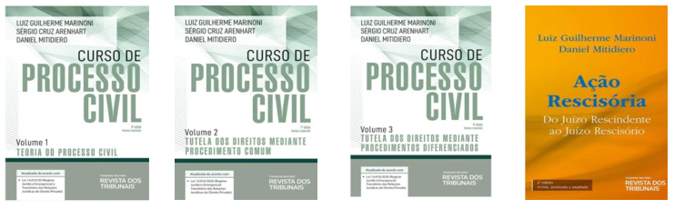 Imagem com as capas dos livros mencionados no texto acima dispostas em linha horizontal. Da esquerda para a direita: livros "Curso de Processo Civil: teoria Geral do Processo. Vol I"; "Curso de Processo Civil: teoria Geral do Processo. Vol II"; "Curso de Processo Civil: teoria Geral do Processo. Vol III"; "Ação rescisória: do Juízo rescindente ao juízo rescisório".