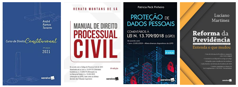 Imagem com as capas dos livros mencionados no texto acima dispostas em linha horizontal. Da esquerda para a direita: livros " Curso de direito constitucional"; " Manual de direito processual civil "; " Proteção de dados pessoais " e " Reforma da previdência ".