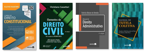 Imagem com as capas dos livros mencionados no texto acima dispostas em linha horizontal. Da esquerda para a direita: livros "Curso de direito constitucional"; “Elementos de direito civil"; "Manual de direito administrativo" e "Manual de tutela coletiva”.