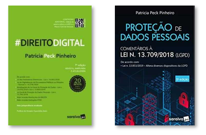 Imagem com as capas dos livros mencionados no texto acima dispostas em linha horizontal. Da esquerda para a direita: livros "Direito Digital "; “Proteção de dados pessoais”.