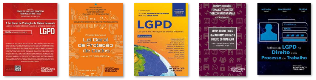 Imagem com as capas dos livros mencionados no texto acima dispostas em linha horizontal. Da esquerda para a direita: livros "A Lei Geral de Proteção de Dados Pessoais: LGPD"; “Comentários à Lei Geral de Proteção de Dados”; “LGPD - Lei Geral de Proteção de Dados Pessoais comentada”; “Novas tecnologias, plataformas digitais e direito do trabalho”; “Reflexos da LGPD no direito e processo do trabalho”.