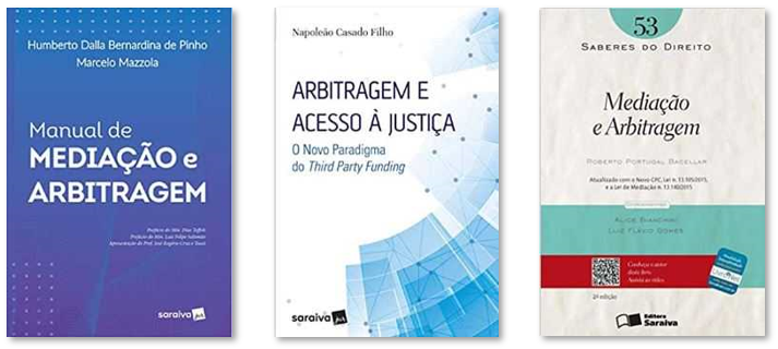 Imagem com as capas dos livros mencionados no texto acima dispostas em linha horizontal. Da esquerda para a direita: livros "Manual de mediação e arbitragem"; “Arbitragem e Acesso à Justiça: O Novo Paradigma do Third Party Funding”; “Saberes do Direito: Mediação e Arbitragem”.