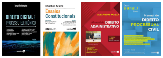 Imagem com as capas dos livros mencionados no texto acima dispostas em linha horizontal. Da esquerda para a direita: livros  "Direito Digital e Processo Eletrônico"; "Ensaios Constitucionais - IDP - Linha Direito Comparado"; "Manual de Direito Administrativo"; "Manual de Direito Processual Civil".