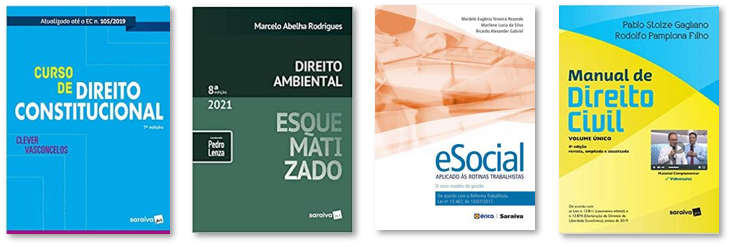 Imagem com as capas dos livros mencionados no texto acima dispostas em linha horizontal. Da esquerda para a direita: livros "Curso de Direito Constitucional"; "Direito Ambiental Esquematizado"; "E-social aplicado às rotinas trabalhistas: o novo modelo de gestão"; "Manual de Direito Civil".