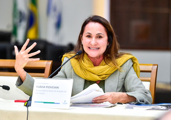 Imagem; fotografia: A advogada Flávia Piovesan fala em frente a um microfone sentada em frente a uma mesa com toalha bege. Ela é uma mulher de pele branca com cabelos castanhos abaixo dos ombros e usa terno cinza com echarpe amarela. (arquivo JPG)